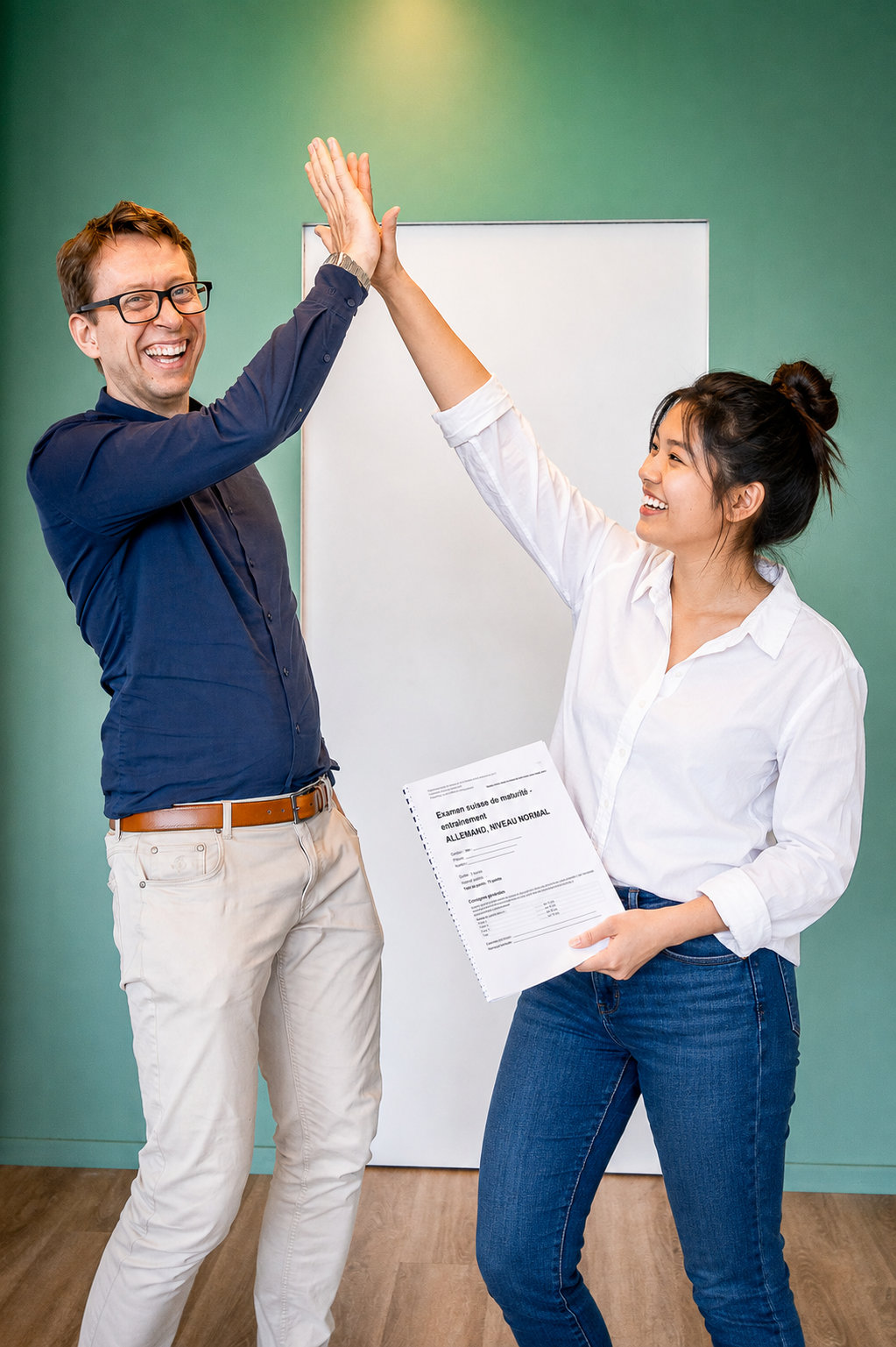 Dr. Daniel Schwenger gibt einer Schülerin ein High-Five; sie hält eine Matura-Übungsprüfung in Deutsch in der Hand.